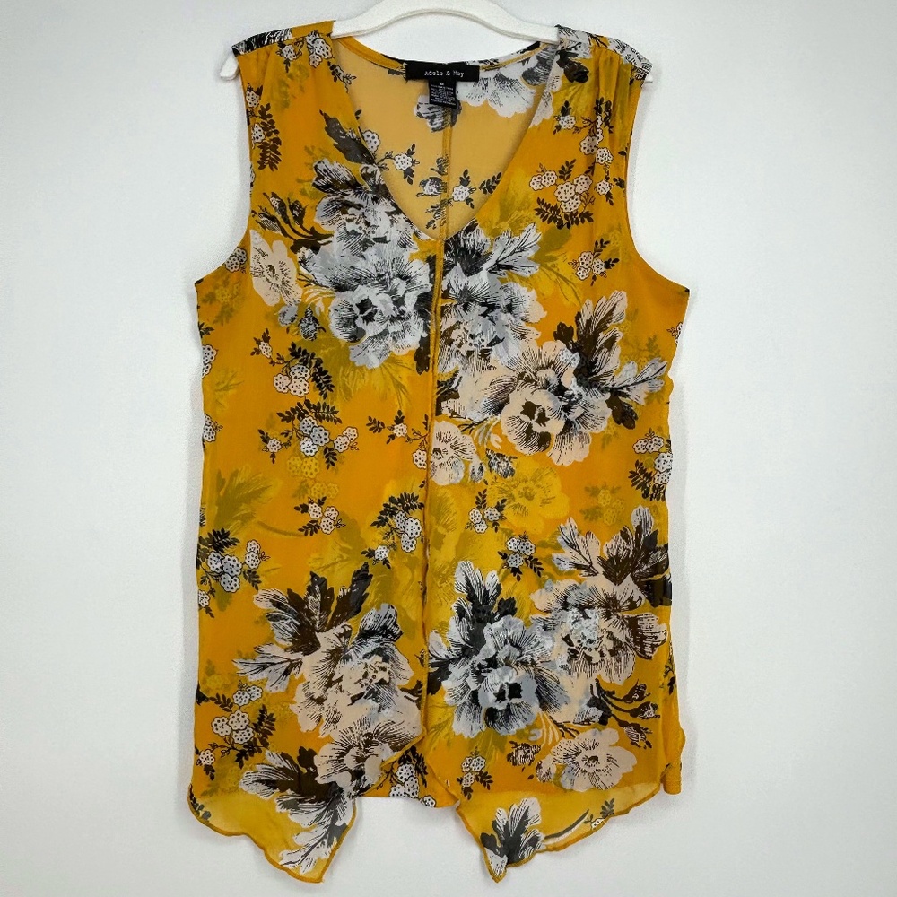 Adele & May Womens Medium Sleeveless Tunic Top Yellow Floral Sheer Layered Front